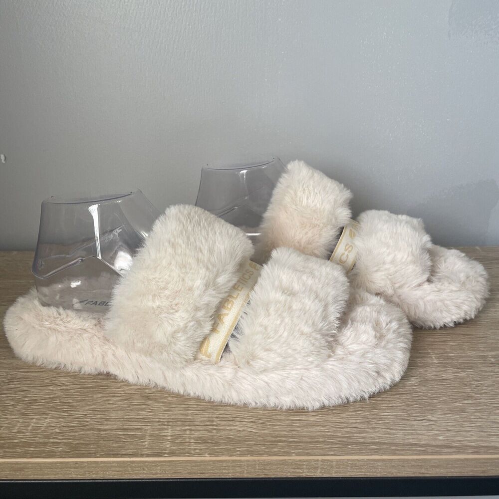 Fabletics Women's Snug Strap Faux Fur Furry Slippers Slides Cream Color Size 10